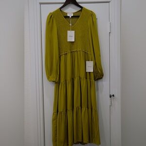 Smocked Tiered Midi Dress in Chartreuse